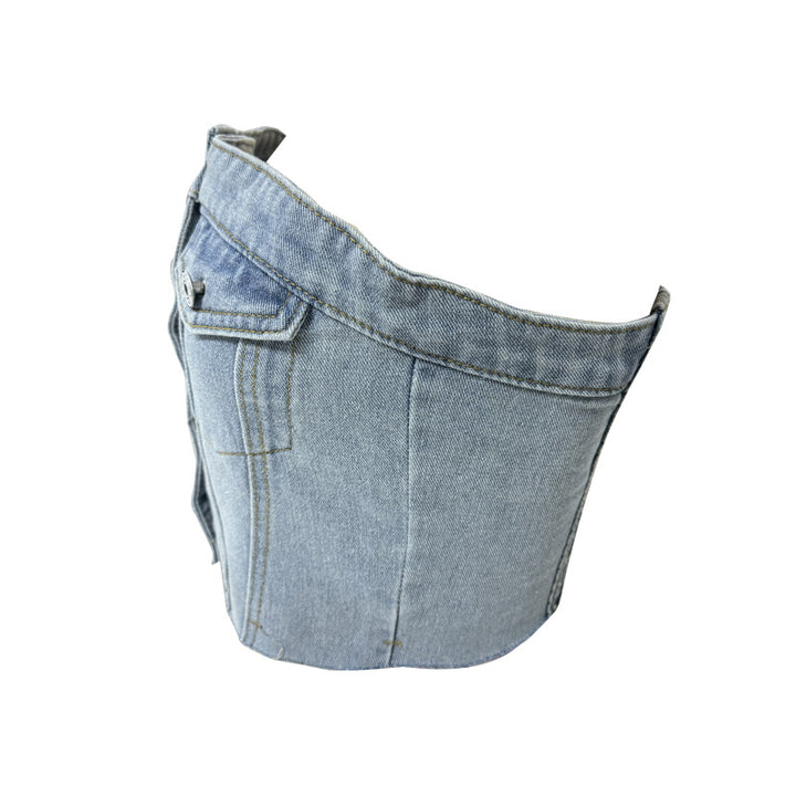 Women's Denim Bustier Top with Button Placket and Figure-Hugging Cut Lune London