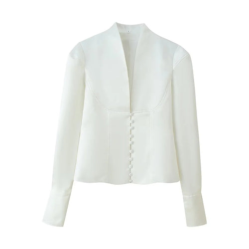Elegant blazer jacket for women with a fashionable high collar and decorative button details Amarae