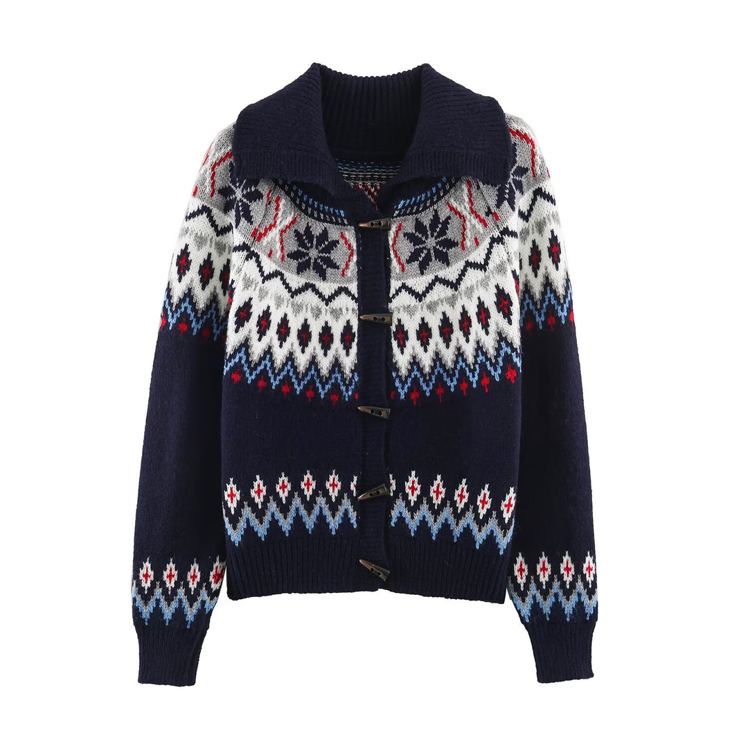 Women Chunky Knit Norwegian Cardigan with Shawl Collar and Horn Button Placket Amarae