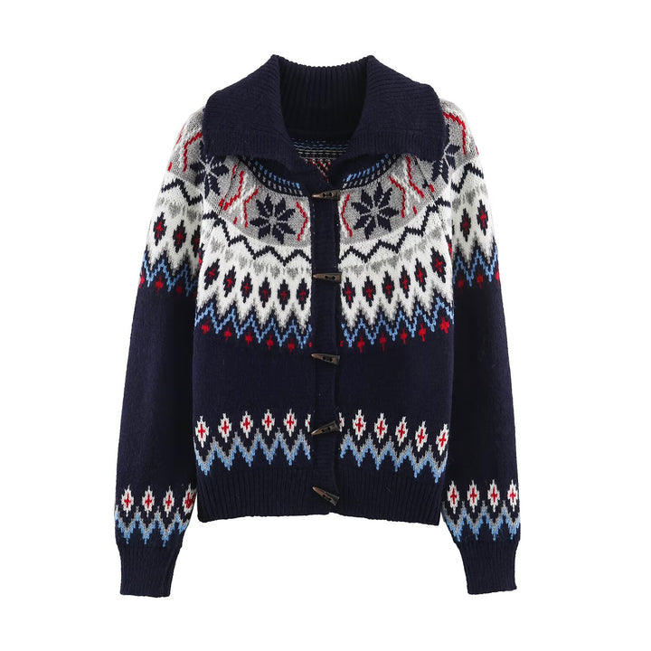 Women Chunky Knit Norwegian Cardigan with Shawl Collar and Horn Button Placket Amarae