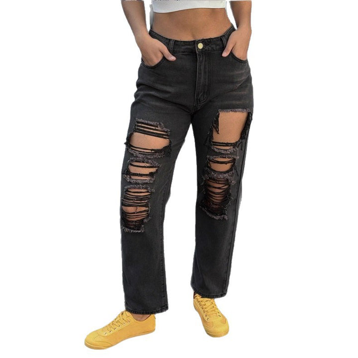 Ladies high-waisted ripped mom jeans with multiple knee cutouts and relaxed straight cut Amarae