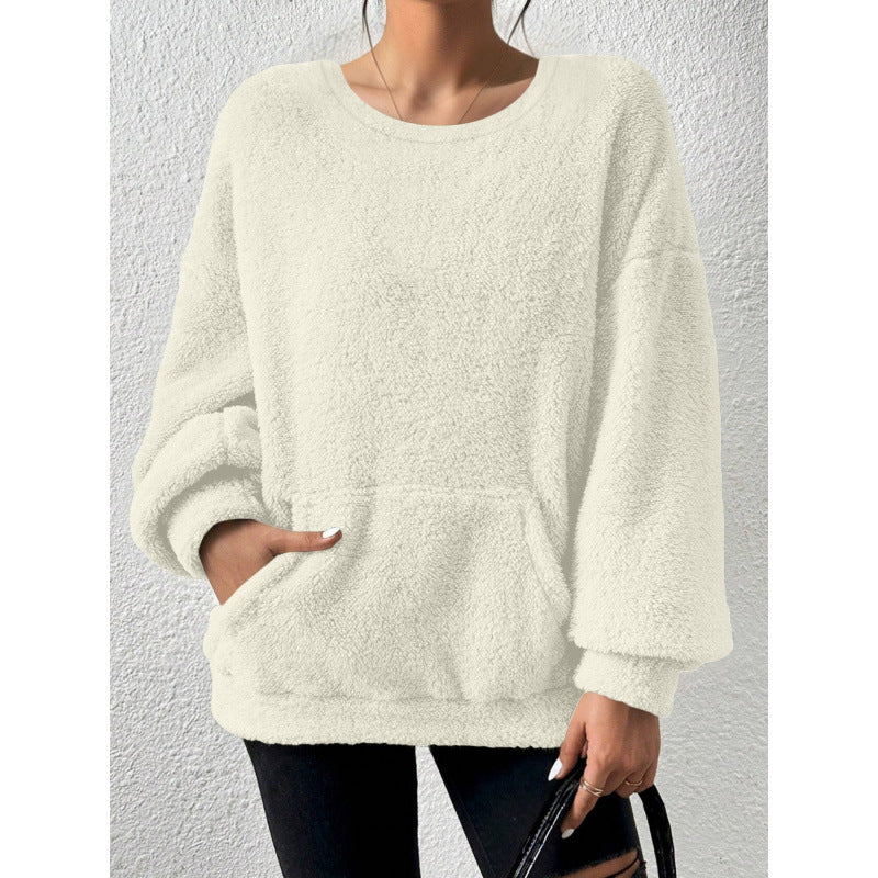 Ladies Cozy Oversized Sherpa Sweater with Kangaroo Pocket and Balloon Sleeves Amarae