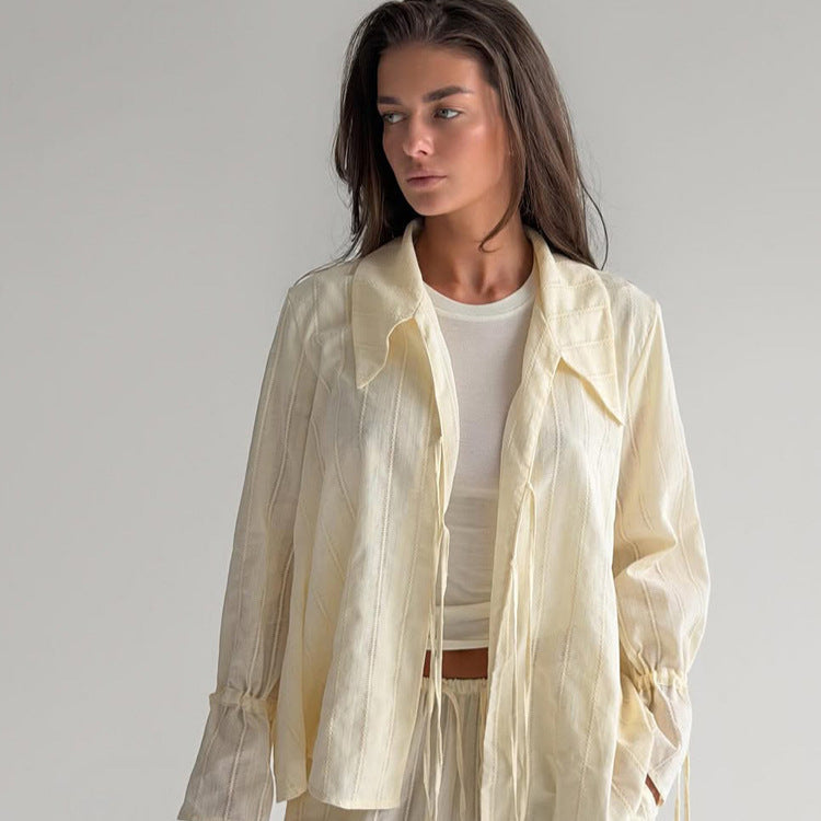 Women Loose Fitting Linen Look Blouse with Decorative Ties and Transparent Stripe Structure Amarae