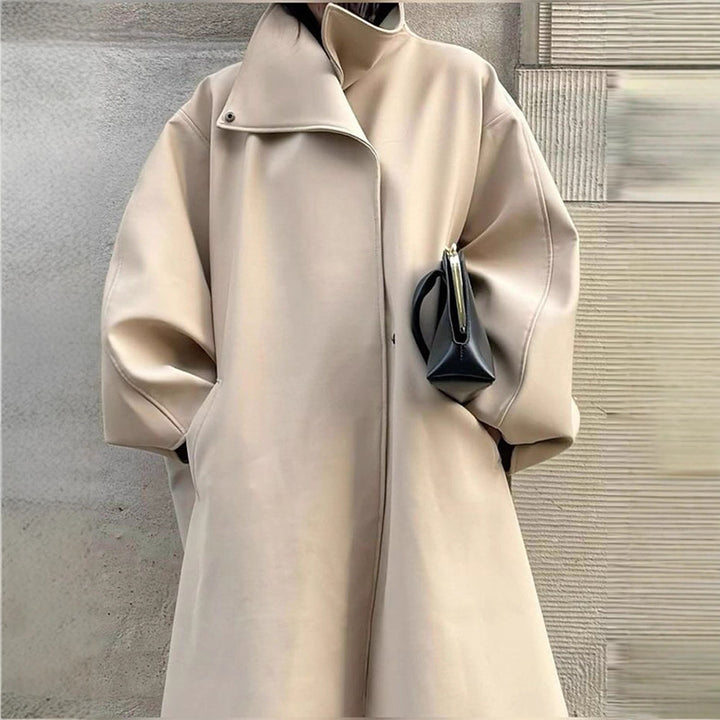 Women's Oversize Cocoon Coat with High Stand-Up Collar and Concealed Button Placket Amarae