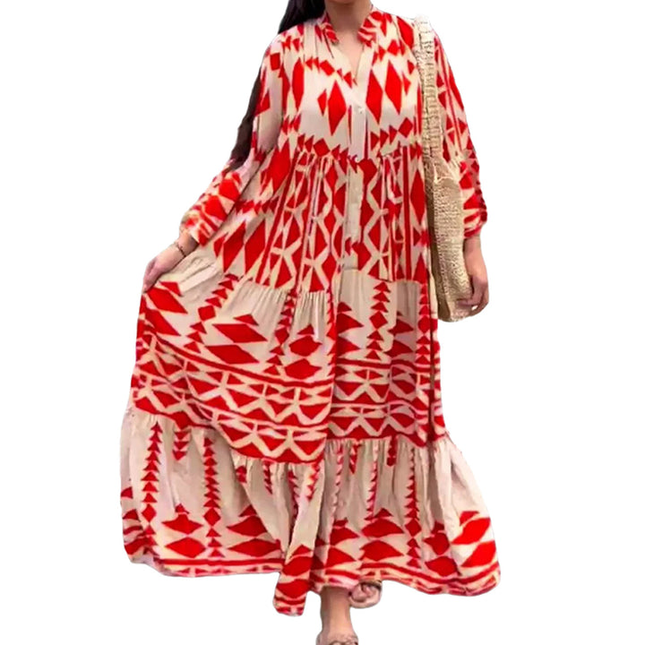 Women's Loose Maxi Dress in Boho Style with Graphic Print, V-Neck and Button Placket Amarae