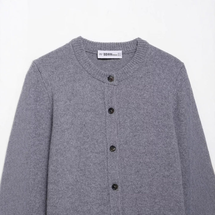 Women Short-Cut Fine Knit Cardigan with Round Neck and Ribbed Cuffs Amarae