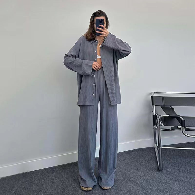Plus size casual shirt set for women and chic wide leg pants