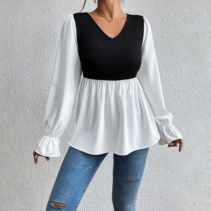 Ladies elegant top with asymmetrical V-neck and puff sleeves Lune London