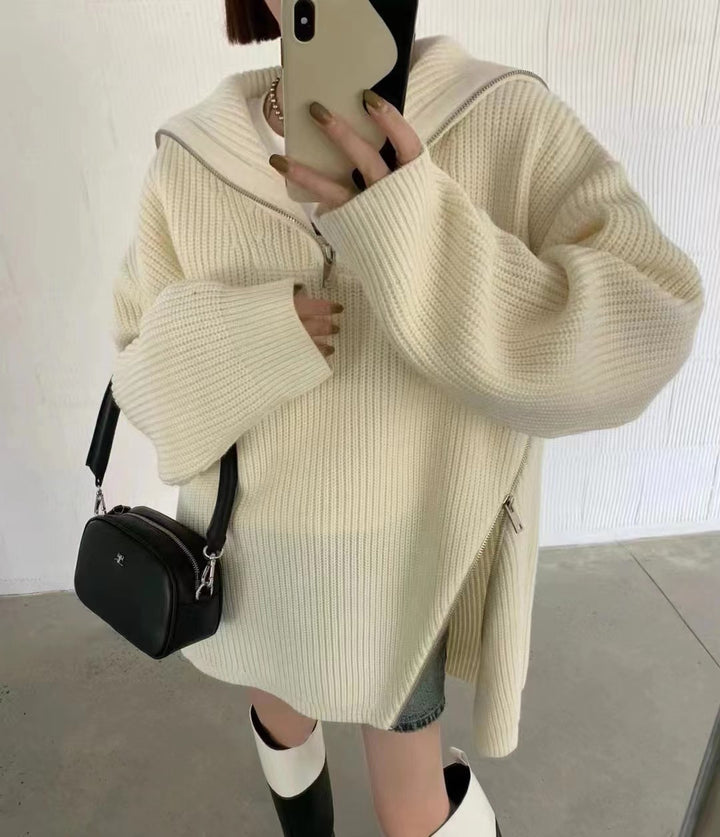 Gros pull en tricot pour femmes avec fermeture éclair et fentes latérales Chic & Stil