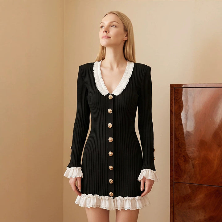 Women's Fitted Ribbed Mini Dress with V-Neck, Lace Trim, and Decorative Button Placket Amarae