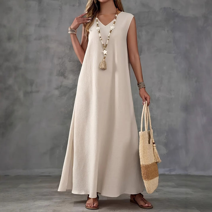 Maxi dress for women with an elegant V neckline and side slits Lune London