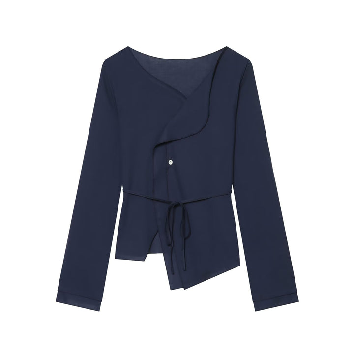 Women's wrap blouse with waist tie, asymmetrical hem and gathered edges Amarae