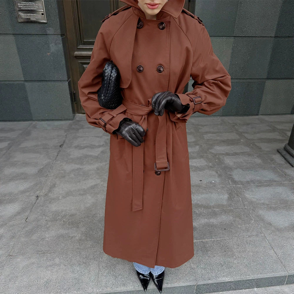 Women long cut water-repellent trench coat with high stand-up collar and waist belt Amarae