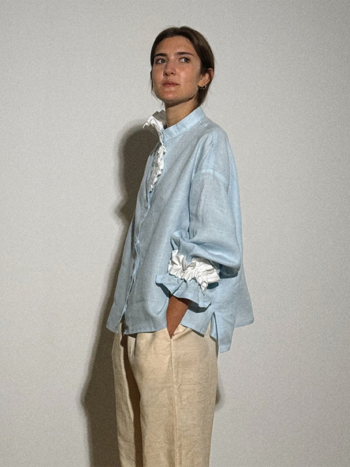 Women's lightweight linen blouse with stand-up collar, oversized silhouette and gathered cuffs Amarae