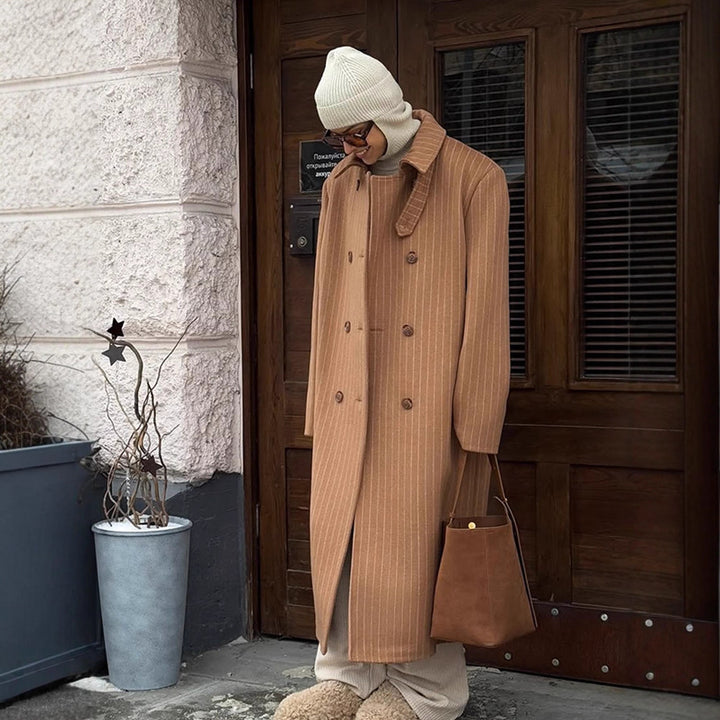 Women Double-Breasted Oversized Wool Blend Coat with Pinstripes and Loose Fit Amarae