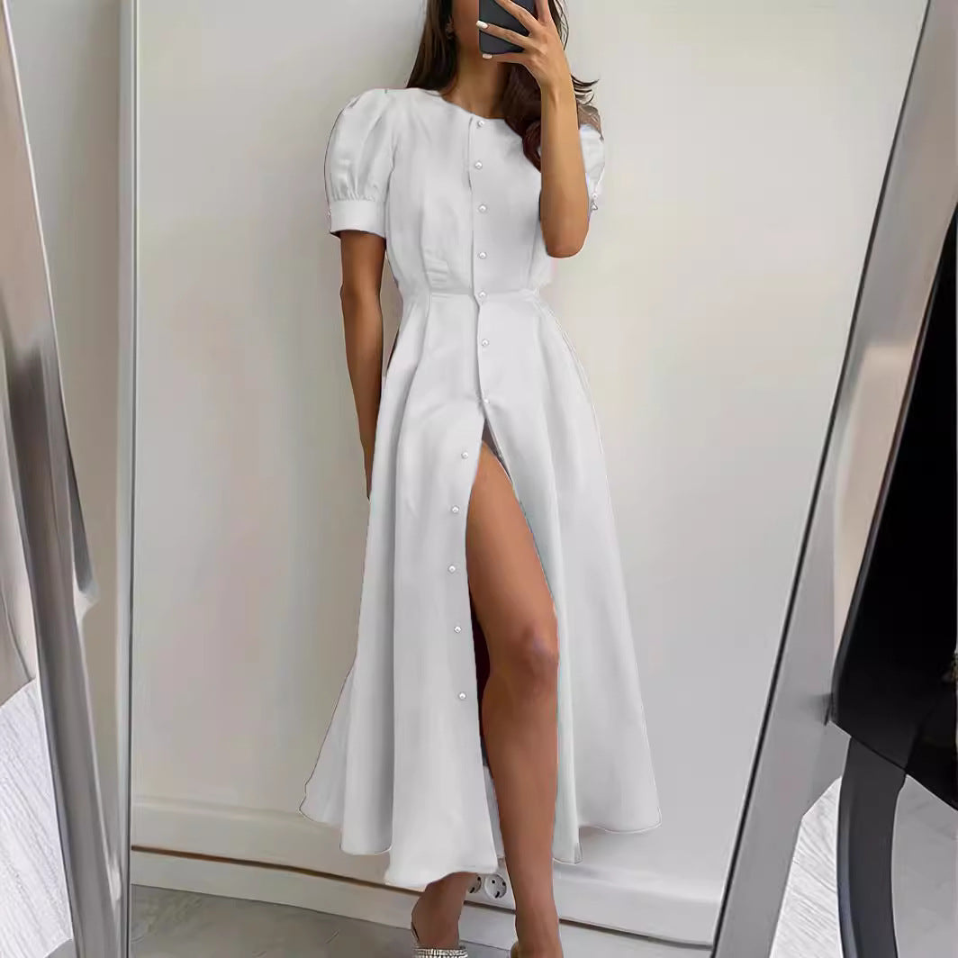 Maxi dress for women with button detail and side slit Lune London