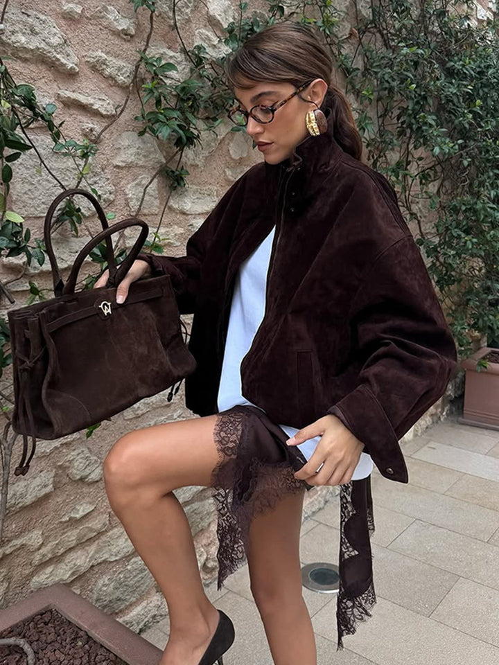 Women's short cut suede leather blouson with high stand-up collar, boxy oversized silhouette and concealed zipper Amarae