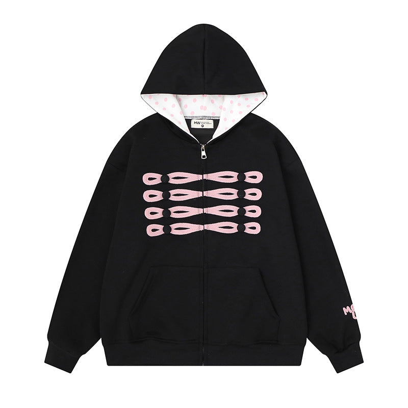 Women's oversized hooded sweatshirt jacket with decorative button print and polka dot hood lining Amarae