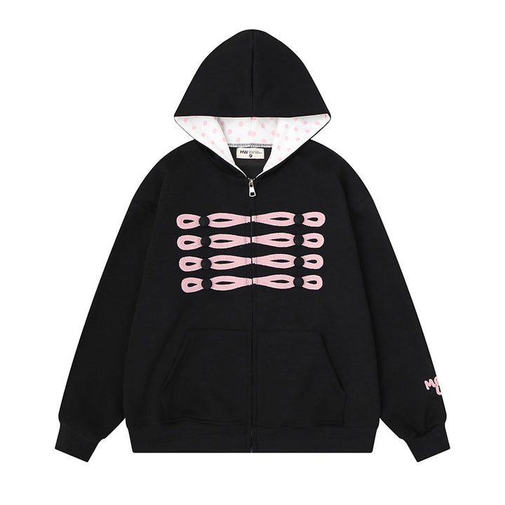 Women's oversized hooded sweatshirt jacket with decorative button print and polka dot hood lining Amarae