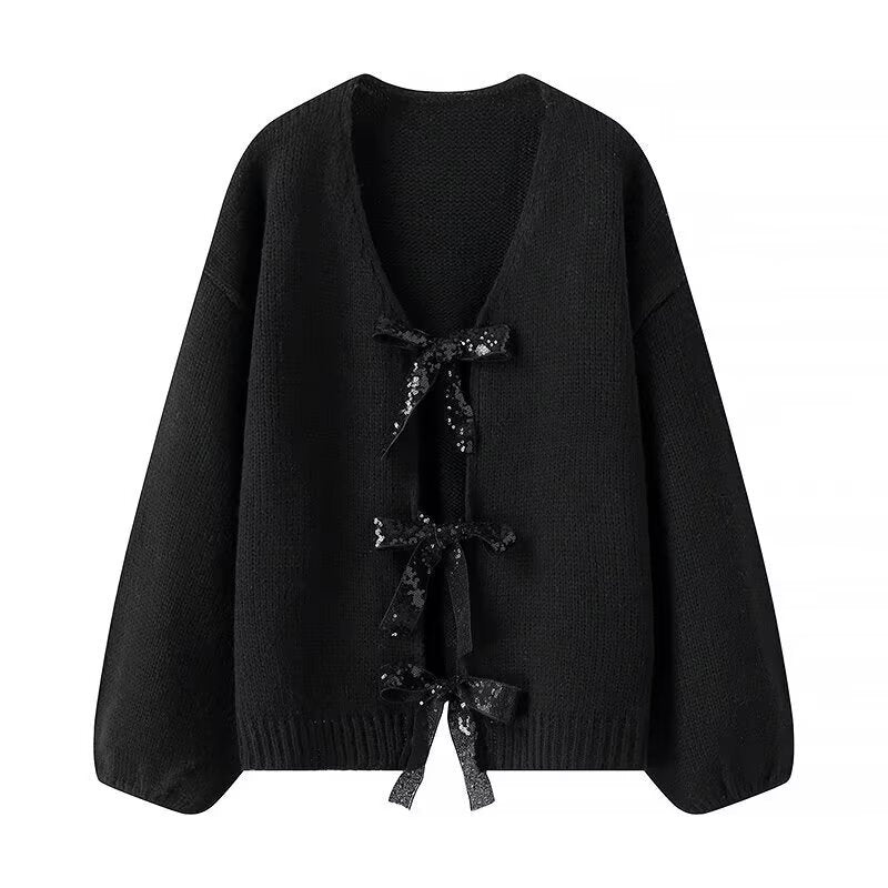 Women's Oversized Knit Cardigan with V-Neck and Sequin Bows Amarae