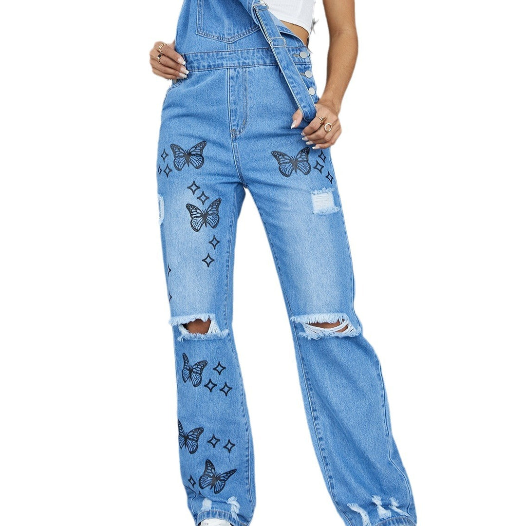 Women Casual Denim Overalls with Butterfly Print, distressed Knee & Wide Leg Amarae