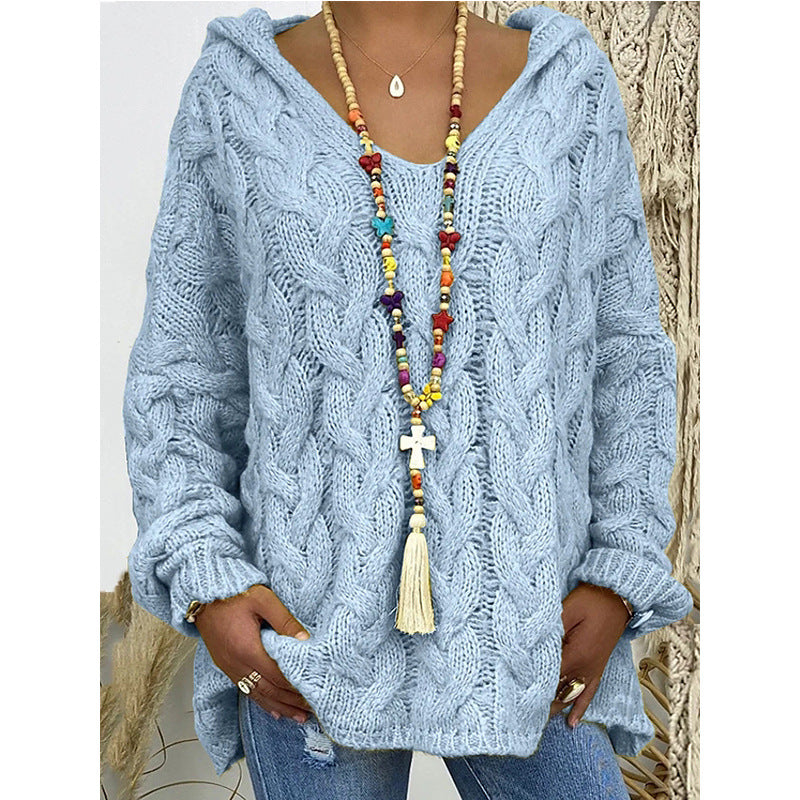 Ladies hoodie in chunky knit with V-neck and decorative cord Lune London