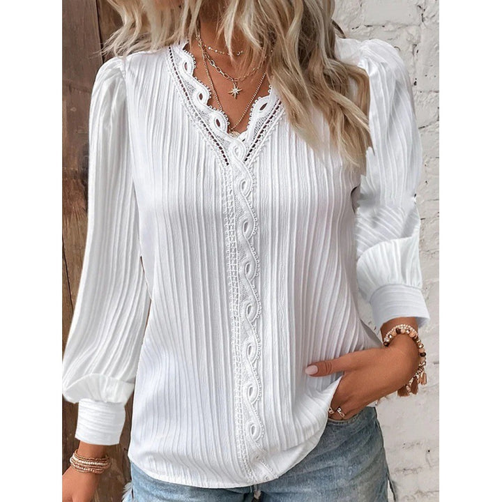 Women Pleated V-Neck Blouse with Lace Trim and Balloon Sleeves Amarae