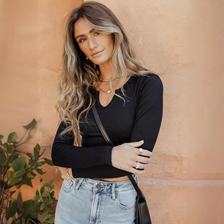 Women's long sleeve crop top in structured rib material Lune London