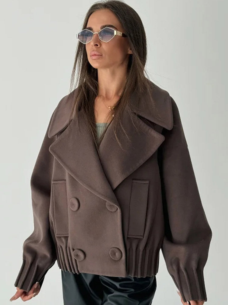 Women's Short Boxy Wool Coat with Oversized Shawl Collar, Double Button Placket and Ribbed Cuff Amarae
