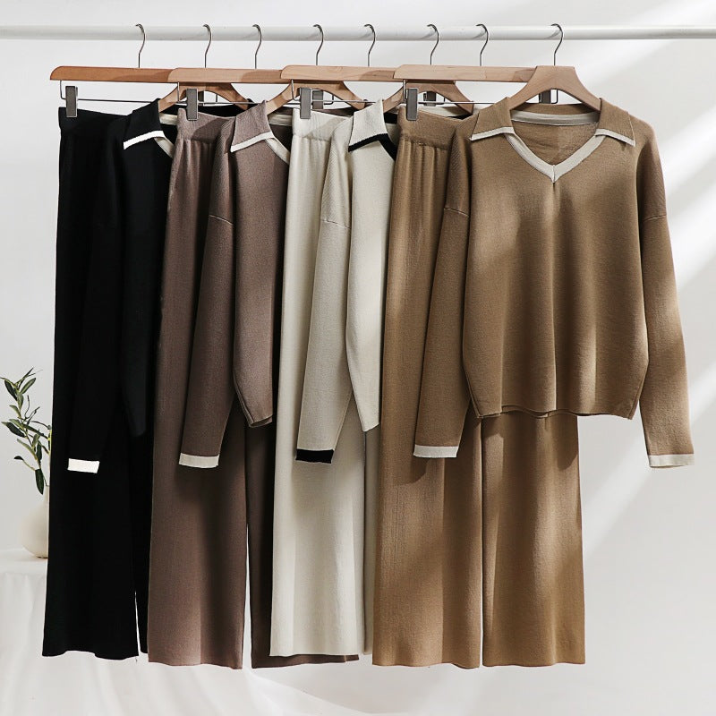 Comfortable knit lounge set for women with contrasting collar and wide leg Lune London