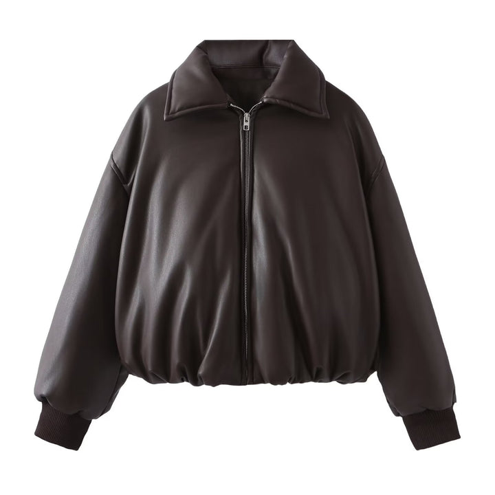 Fashionable faux leather jacket for women with elastic waist and high collar Lune London