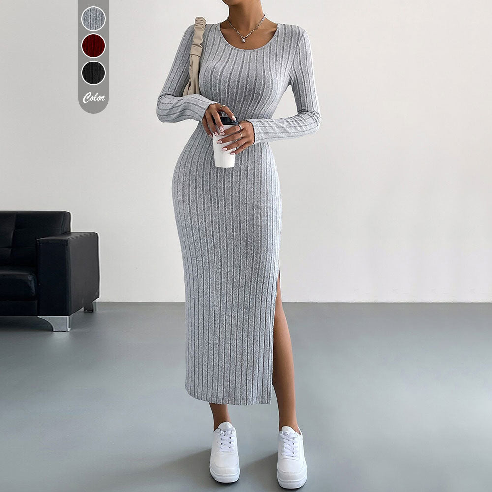 Robe maxi en maille pour femme avec manches longues et fente latérale Chic & Stil