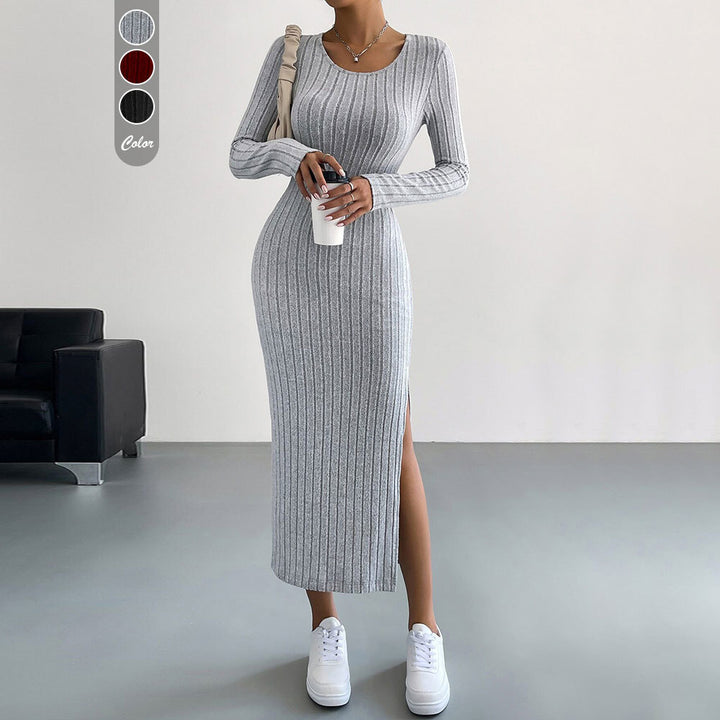 Robe maxi en maille pour femme avec manches longues et fente latérale Chic & Stil