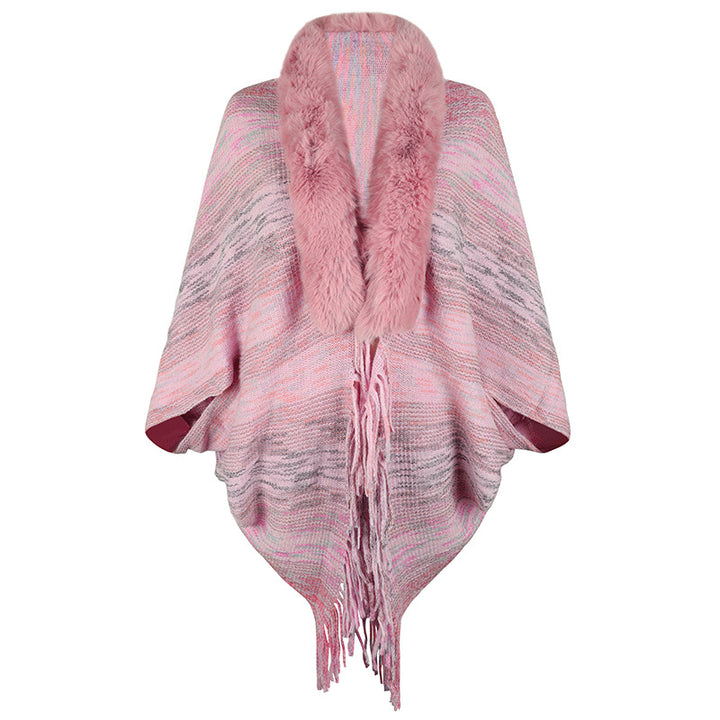 Elegant poncho for ladies with luxurious faux fur collar and fringed hem Lune London