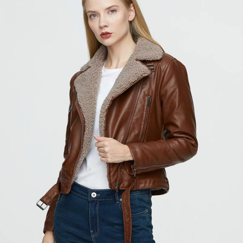Stylish sheepskin biker jacket for ladies with double zip closure and adjustable belt Amarae