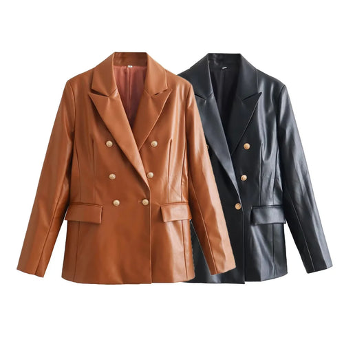 Elegant faux leather blazer jacket for women with double-breasted buttons and gold accents Amarae