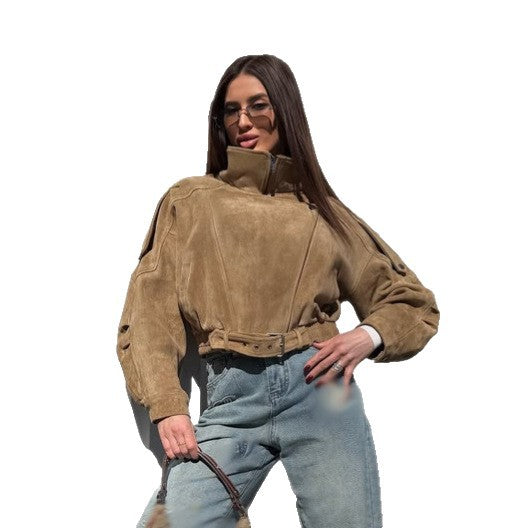 Ladies short-cut suede bomber jacket with belt & oversized sleeves Amarae
