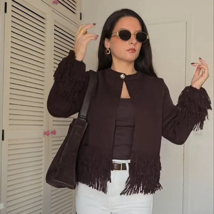 Women's cardigan with layered fringes, mother-of-pearl closure and boxy silhouette Amarae