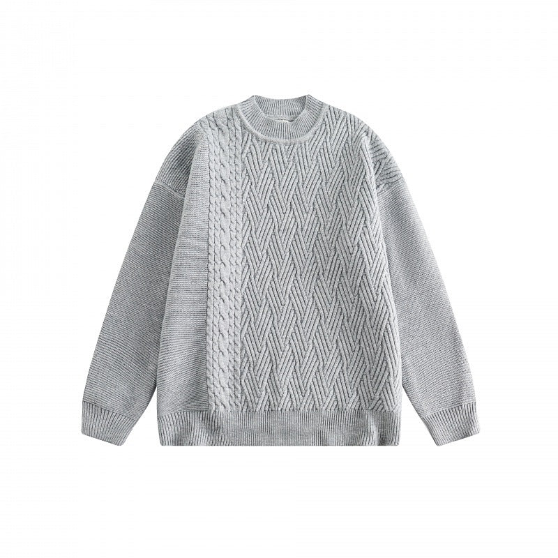 Unisex Oversize Knit Sweater with Asymmetrical Cable Pattern and Round Neckline Amarae