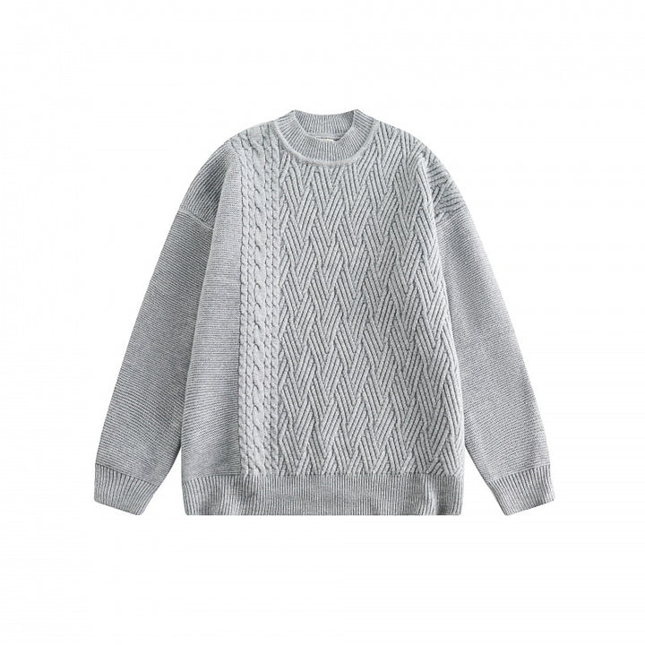 Unisex Oversize Knit Sweater with Asymmetrical Cable Pattern and Round Neckline Amarae