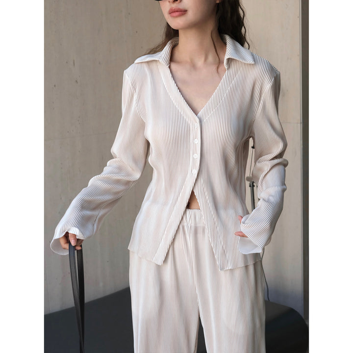 Women's Ribbed Pleated Shirt Blouse with V-Neck and Button Placket Amarae