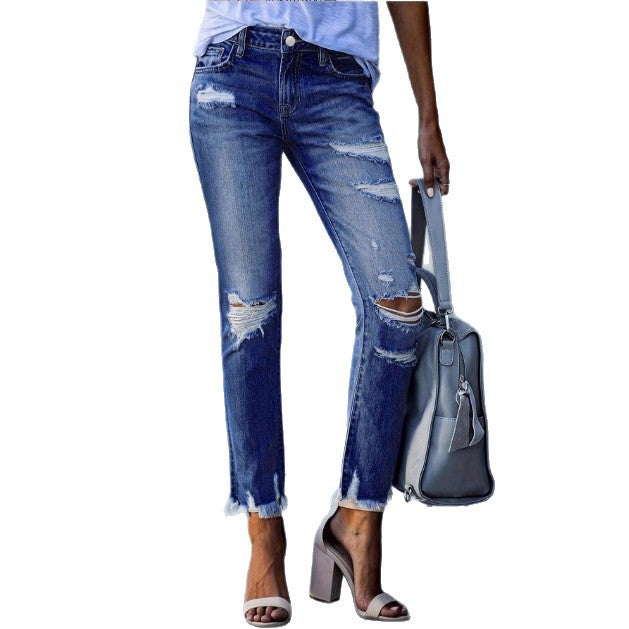 Ladies ankle-length straight-cut destroyed jeans with high waist and frayed hem Amarae
