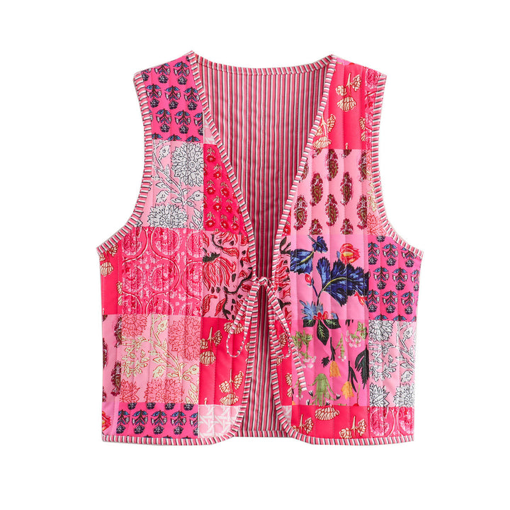 Women Quilted Vest with Romantic Toile Print, Striped Interior and Tie Ribbon Amarae
