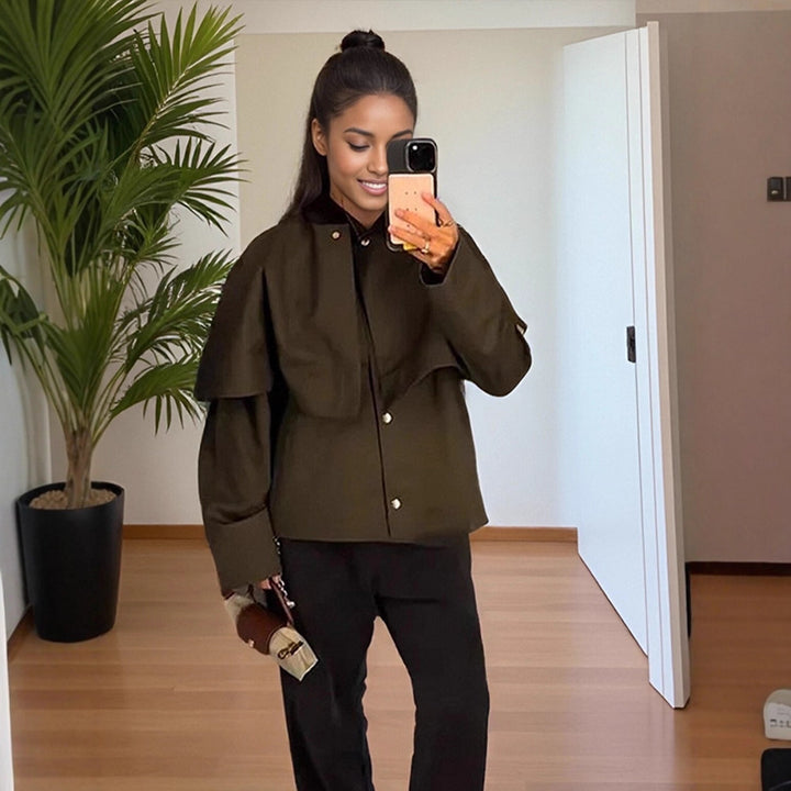 Women's Short Trench Coat with Cape Overlay and Oversized Sleeves Amarae