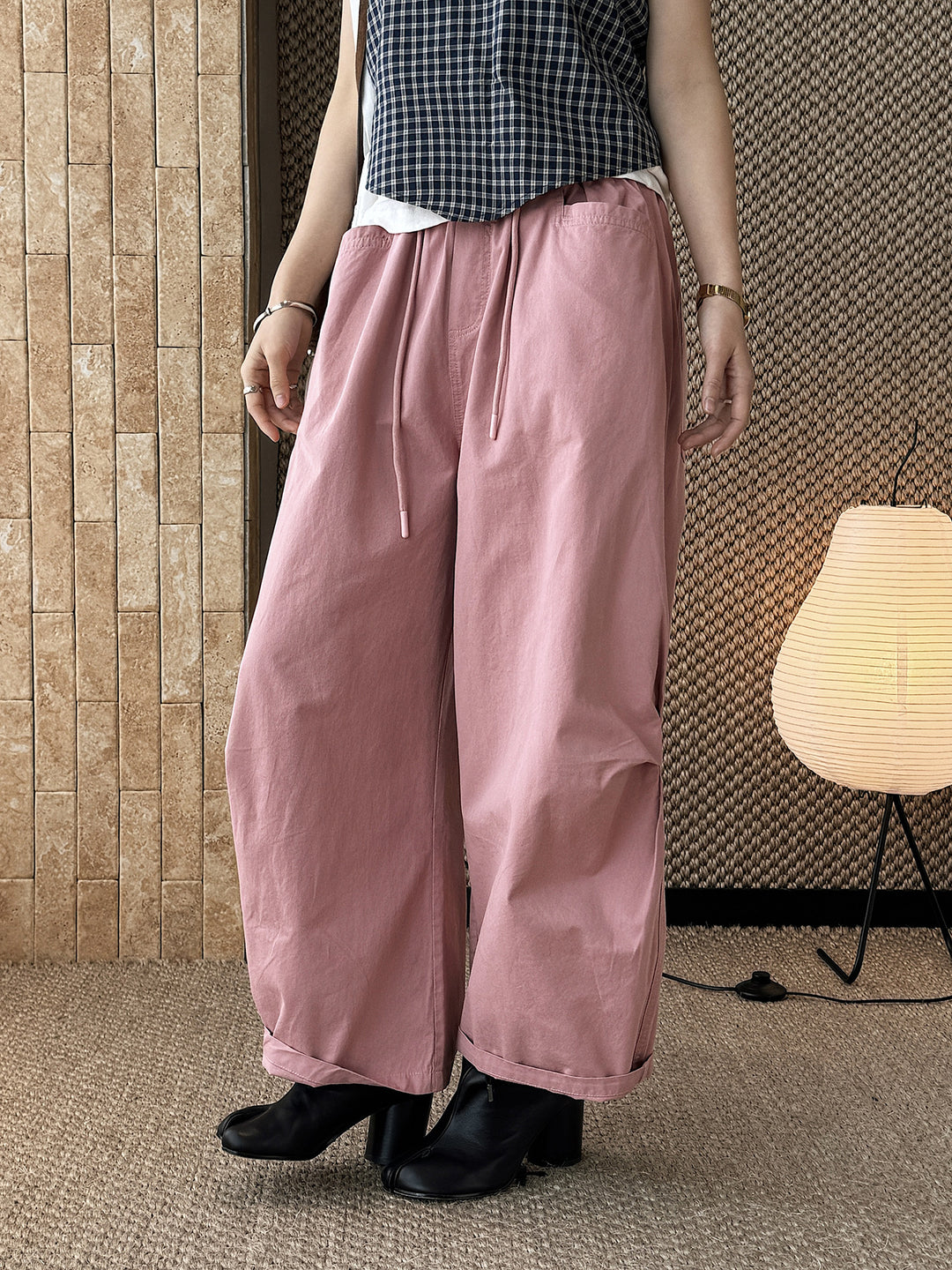 Women Wide High-Waist Cotton Pants with Drawstring and Cuffed Hem Amarae