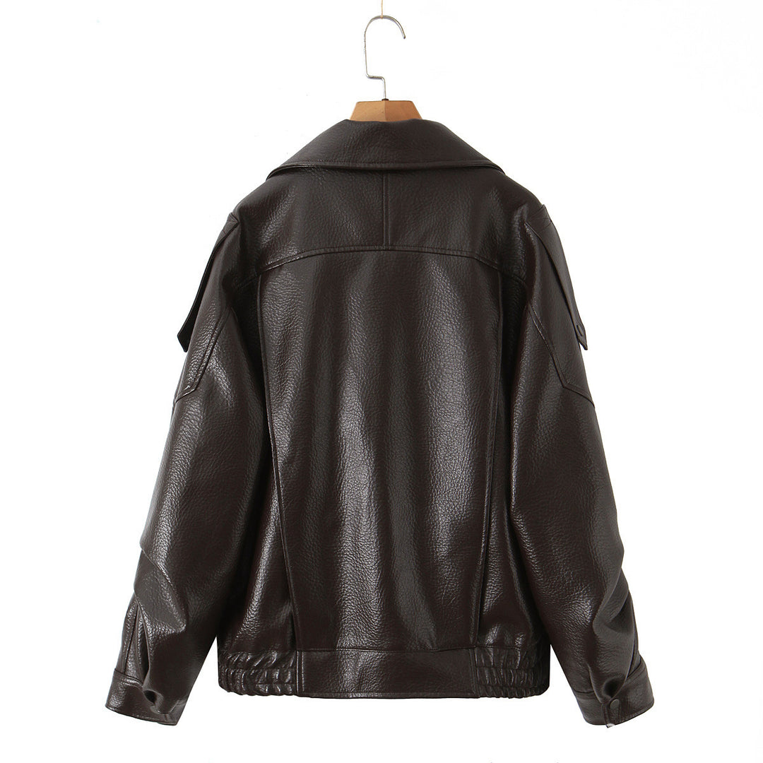 Fashionable women’s synthetic leather jacket with erotic lapels and elastic hem Lune London