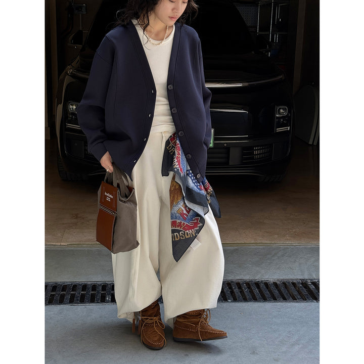Women's Short-Cut Boxy Cardigan made of French Terry with Deep V-Neck Dress