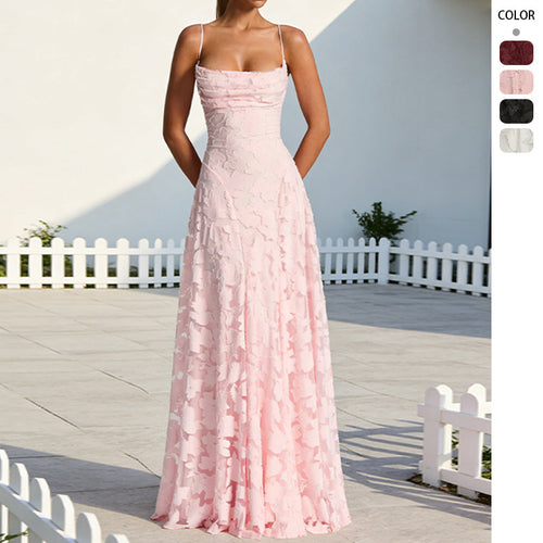 Ladies Elegant Maxi Dress with Floral Lace Design and Adjustable Spaghetti Straps Amarae