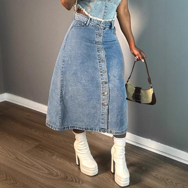 Ladies mid-length denim skirt with continuous button placket and high-waisted A-line cut Amarae