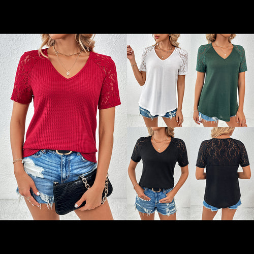 Ladies elegant V-neck top with lace sleeves and textured pattern Amarae
